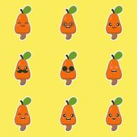 schattig en kawaii cashew fruit karakter. cashewnoot en fruit met blad houtsnede vector