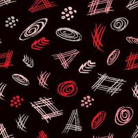 abstract vector naadloos patroon. rode, roze, grijze lijnen, vormen, stippen, spiralen op een zwarte achtergrond. voor prints van stof, verpakkingen, textielproducten, woondecoratie, kleding.