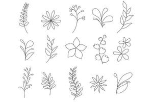 botanische set. handgetekende lijn van abstracte bloem, bloemen, tak. plantencollectie kruidenelementen. geïsoleerde vector vintage doodle set voor kaarten, uitnodigingen, logo.