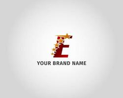 letter e rood metallic met sjabloon met vijf gouden sterren-logo vector