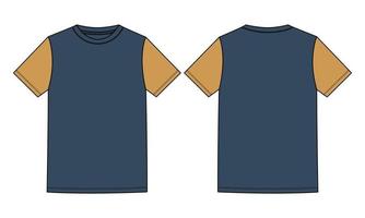 two tone marineblauw, gele kleur regular fit korte mouw basic t shirt technische mode platte schets vector illustratie sjabloon voorkant, achterkant bekeken. kleding ontwerp mock-up tekening illustratie.