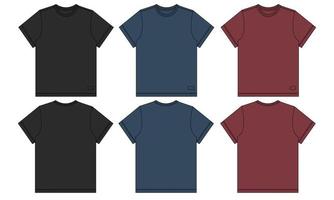 zwarte marineblauwe en rode kleur korte mouw basic t-shirt algemene technische mode platte schets vector illustratie sjabloon voor- en achterkant uitzicht. kleding kleding mock-up voor heren en jongens.