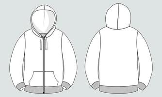 hoodie met lange mouwen met rits technische mode tekening schets sjabloon voor- en achteraanzicht. kleding jurk ontwerp vector illustratie mock up jas cad. gemakkelijk bewerken en aanpasbaar.