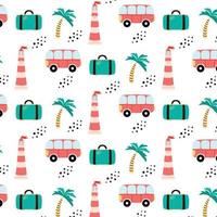 zomer patroon. patroon met een bus van palmbomen en een koffer. vectorpatroon in een handgetekende stijl.