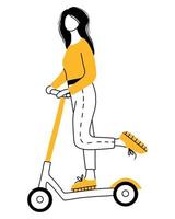 het meisje rijdt op een scooter. vectorillustratie in doodle style.eco-vriendelijk vervoer. op een scooter lopen. vector