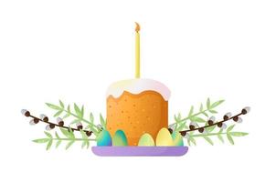 vectorillustratie met een taart en eieren. lente decor. het concept van het vieren van vrolijk pasen. eenvoudige cartoonstijl voor logo's, banners, posters, achtergronden, stickers, afdrukken. vector