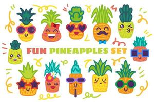 grappige ananas hand getrokken stickers set vector