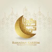 ontwerp wenskaart ramadan moment met luxe Arabische kalligrafie, halve maan, traditionele lantaarn en moskee patroon textuur islamitische achtergrond sjabloon. vector