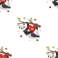 naadloos patroon met panda op een boom en harten. vector achtergrond in cartoon-stijl voor feestelijk ontwerp op 14 februari, Valentijnsdag, afdrukken op papier, stof, verpakking.