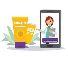 medische huidverzorging concept .online consult medicine.dermatologist vrouwelijke arts op telefoon scherm aanbevelen zonnebrandcrème, sunblock. huid bescherming. internet telegeneeskunde vector