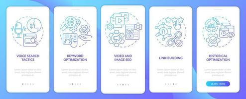 SEO-marketingtrends blauw kleurverloop onboarding mobiel app-scherm. tools walkthrough 5 stappen grafische instructiepagina's met lineaire concepten. ui, ux, gui-sjabloon. talloze pro-bold, reguliere lettertypen gebruikt vector