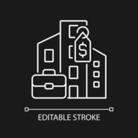 bedrijfseigendommen die wit lineair pictogram verkopen voor donker thema. verkoop en aankoop van commercieel onroerend goed. dunne lijn illustratie. geïsoleerd symbool voor nachtmodus. bewerkbare streek. arial lettertype gebruikt vector