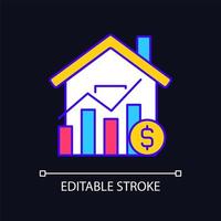 huismarktprijzen rgb-kleurenpictogram voor donker thema. vastgoedprijs stijgt. aankoop van onroerend goed. verkoop van onroerend goed. eenvoudige gevulde lijntekening op de achtergrond van de nachtmodus. bewerkbare streek. arial lettertype gebruikt vector