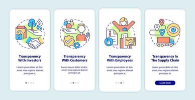 voorbeelden van transparantie onboarding mobiele app-scherm. business walkthrough 4 stappen grafische instructiepagina's met lineaire concepten. ui, ux, gui-sjabloon. talloze pro-bold, reguliere lettertypen gebruikt vector