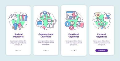 doelstellingen van het onboarding-scherm van de mobiele app voor personeelsbeheer. walkthrough 4 stappen grafische instructiepagina's met lineaire concepten. ui, ux, gui-sjabloon. talloze pro-bold, reguliere lettertypen gebruikt vector