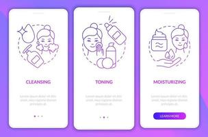 huidverzorgingsroutine stappen paars verloop onboarding mobiele app-scherm. skin walkthrough 3 stappen grafische instructiepagina's met lineaire concepten. ui, ux, gui-sjabloon. talloze pro-bold, reguliere lettertypen gebruikt vector