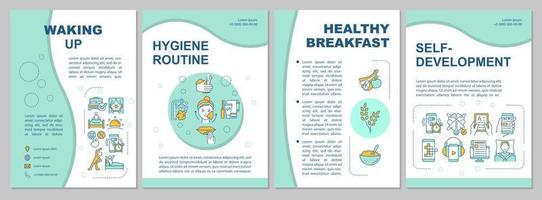 ontwaken mint brochure sjabloon. ochtendroutine tips. boekje afdrukontwerp met lineaire pictogrammen. vectorlay-outs voor presentatie, jaarverslagen, advertenties. arial, talloze pro-reguliere lettertypen gebruikt vector