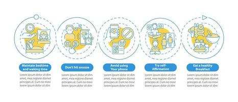 tips voor het bouwen van een infographic sjabloon voor een ochtendroutine. datavisualisatie met 5 stappen. proces tijdlijn info grafiek. workflowlay-out met lijnpictogrammen. lato-bold, gewone lettertypen gebruikt vector