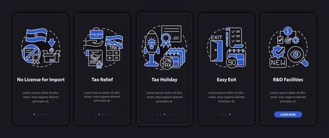 zakelijke voordelen in india nachtmodus onboarding mobiele app-scherm. walkthrough 5 stappen grafische instructiepagina's met lineaire concepten. ui, ux, gui-sjabloon. talloze pro-bold, reguliere lettertypen gebruikt vector