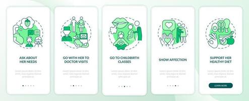 zwangerschapsondersteuning onboarding mobiele app paginascherm. ga naar doktersbezoeken 5 stappen grafische instructies met concepten. ui, ux, gui vectorsjabloon met lineaire kleurenillustraties vector