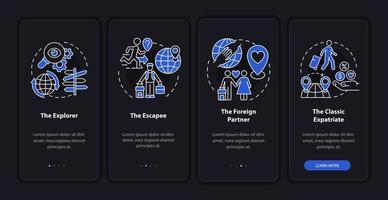 expats typen donkere onboarding mobiele app paginascherm. verhuizen naar het buitenland redenen walkthrough 4 stappen grafische instructies met concepten. ui, ux, gui vectorsjabloon met illustraties in lineaire nachtmodus vector