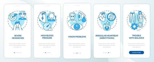 hypertensie tekenen onboarding mobiele app paginascherm. ernstige hoofdpijn walkthrough 5 stappen grafische instructies met concepten. ui, ux, gui vectorsjabloon met lineaire kleurenillustraties vector
