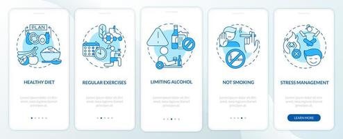 hypertensie behandeling onboarding mobiele app paginascherm. regelmatige oefeningen walkthrough 5 stappen grafische instructies met concepten. ui, ux, gui vectorsjabloon met lineaire kleurenillustraties vector