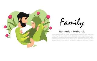 vlakke afbeelding - een familiemoment, een vader met zijn twee kinderen die een grapje maken op een groene achtergrond, deze afbeelding kan worden gebruikt voor posterafdrukken, flyers, berichten, ramadan en familiethema-ontwerpen. vector