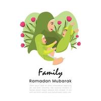 vlakke afbeelding - een familiemoment, een moeder met zijn twee kinderen die een grapje maken op een groene achtergrond, deze afbeelding kan worden gebruikt voor posterafdrukken, flyers, berichten, ramadan en familiethema-ontwerpen. vector