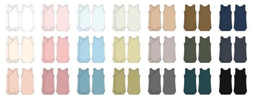 set van onesie met een gekruiste halslijn. baby mouwloze bodywear mockup. technische schets baby tanktop vector