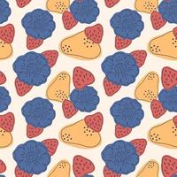 vector naadloze abstracte patroon met aardbeien en bloemen elementen. illustratie in retrostijl, print voor keukentextiel in blauwe, rode en beige kleur