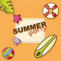 zomerbanner met strandachtergrond met boeien, surfplanken, bladeren, ballen, zeester, schelpen handtekenstijl