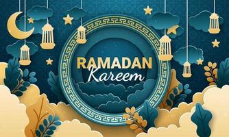 ramadan kareem papier gesneden vector. spandoek of poster met lantaarn, ster en wolkenornament, geschikt voor het vieren van ramadan-evenementen. vector