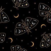 vector naadloos patroon. hemelse gouden omtrek vlinder en maan met sterren.