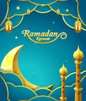 ramadan kareem poster met maansikkeldecoratie, lantaarn, moskeetoren en wolk vector