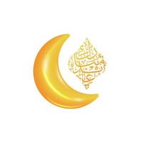 gelukkige eid mubarak met 3d pastel gouden maansikkel met arabische kalligrafie wenskaart concept vector