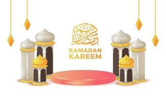 ramadan kareem met podium podiumvertoning met toren moskee 3d illustratie met Arabische kalligrafie sjabloon vector