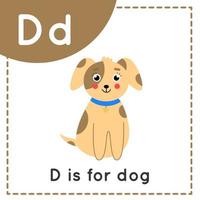 Engels alfabet leren voor kinderen. letter d. leuke tekenfilmhond. vector