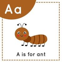 Engels alfabet leren voor kinderen. letter A. schattige cartoon mier. vector