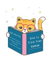 leuke grappige nerdy oranje gemberkatje kat leesboek, gezelschapsdier cartoon tekening vector