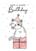 gelukkige verjaardag kat wenskaart, schattige lieve grijze kat kat verjaardag cartoon tekening vector
