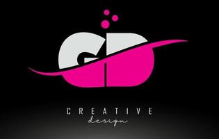 gd gd wit en roze letterlogo met swoosh en stippen. vector