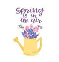 gieter met bloemen en de tekst lente in de lucht. schattige lente en zomer wenskaart, banner, decor. vectorillustratie. vector