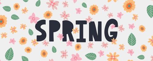 hallo lente hand logo, typografie kentekenpictogram. belettering lente seizoen met blad voor wenskaart, uitnodigingssjabloon. retro, vintage belettering banner poster sjabloon achtergrond, verkoop, aanbieding vector