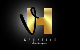 gouden letters hv-logo met een minimalistisch design. letters h en v met geometrische en handgeschreven typografie. vector