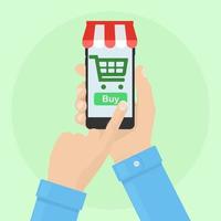 smartphone met karteken op het scherm. online winkelen via mobiele app. e-commerce vector