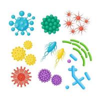 set van bacteriën, microben, virussen, ziektekiemen. ziekteverwekkend object geïsoleerd op de achtergrond. bacteriële micro-organismen, probiotische cellen. vectorbeeldverhaalontwerp. vector