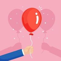 rode heliumballon in de hand, vliegende luchtballen die op witte achtergrond worden geïsoleerd. gelukkige verjaardag, vakantieconcept. feest decoratie. vector cartoon ontwerp