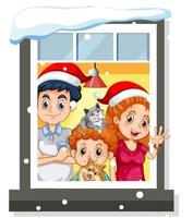 kijk door het raam van familie in kerstthema vector