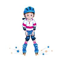 De jongenstiener in een blauwe helmknie leert rolschaatsen te berijden. Kinderen in de sport. Outdoor activiteiten. Vector stripfiguur.